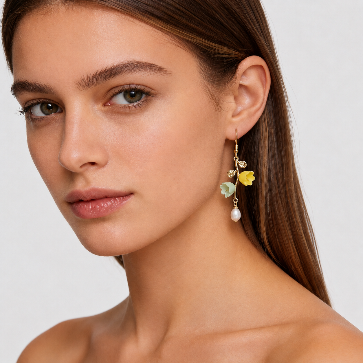 Wearing inspiration for LIN floral porcelain jewelry by ZELIN ART.