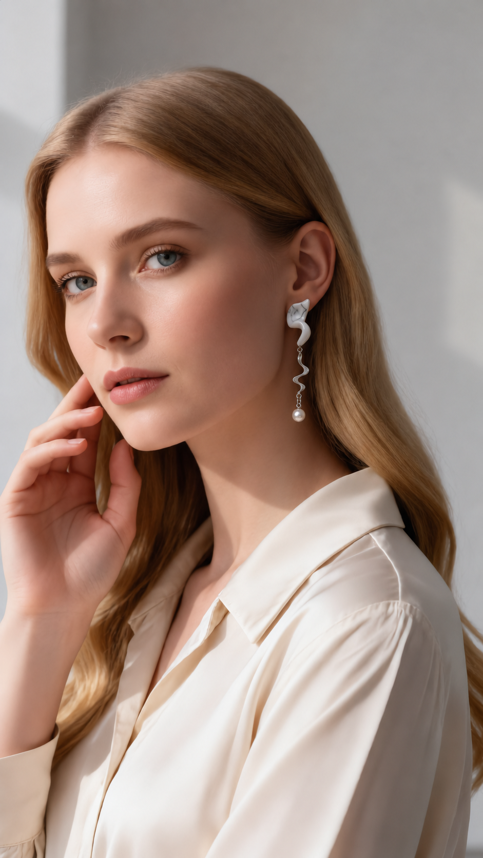 Whispering Ink earrings worn by model