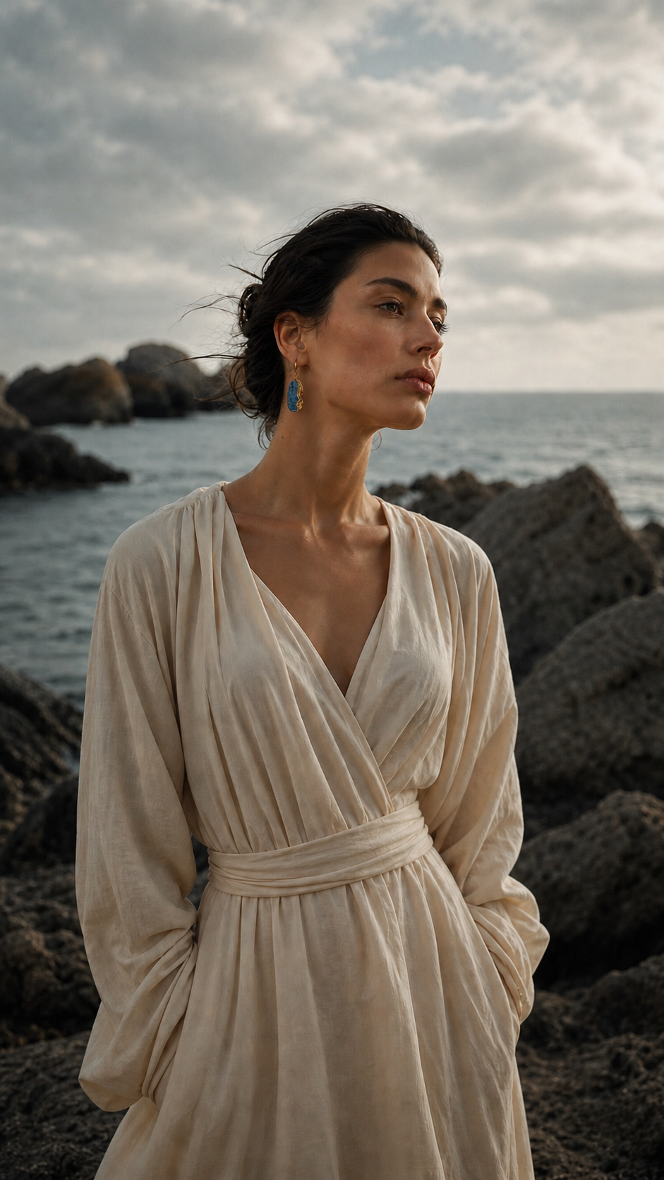 Blue Tide in Golden Trace earrings worn by model