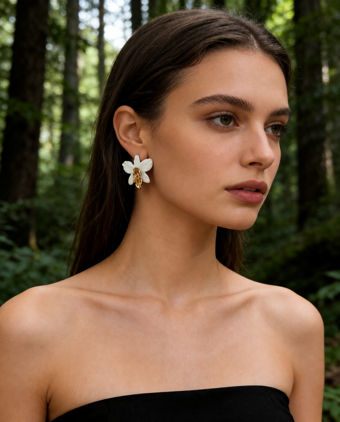 The Grand Huilan Orchid in the Forest earrings worn by model