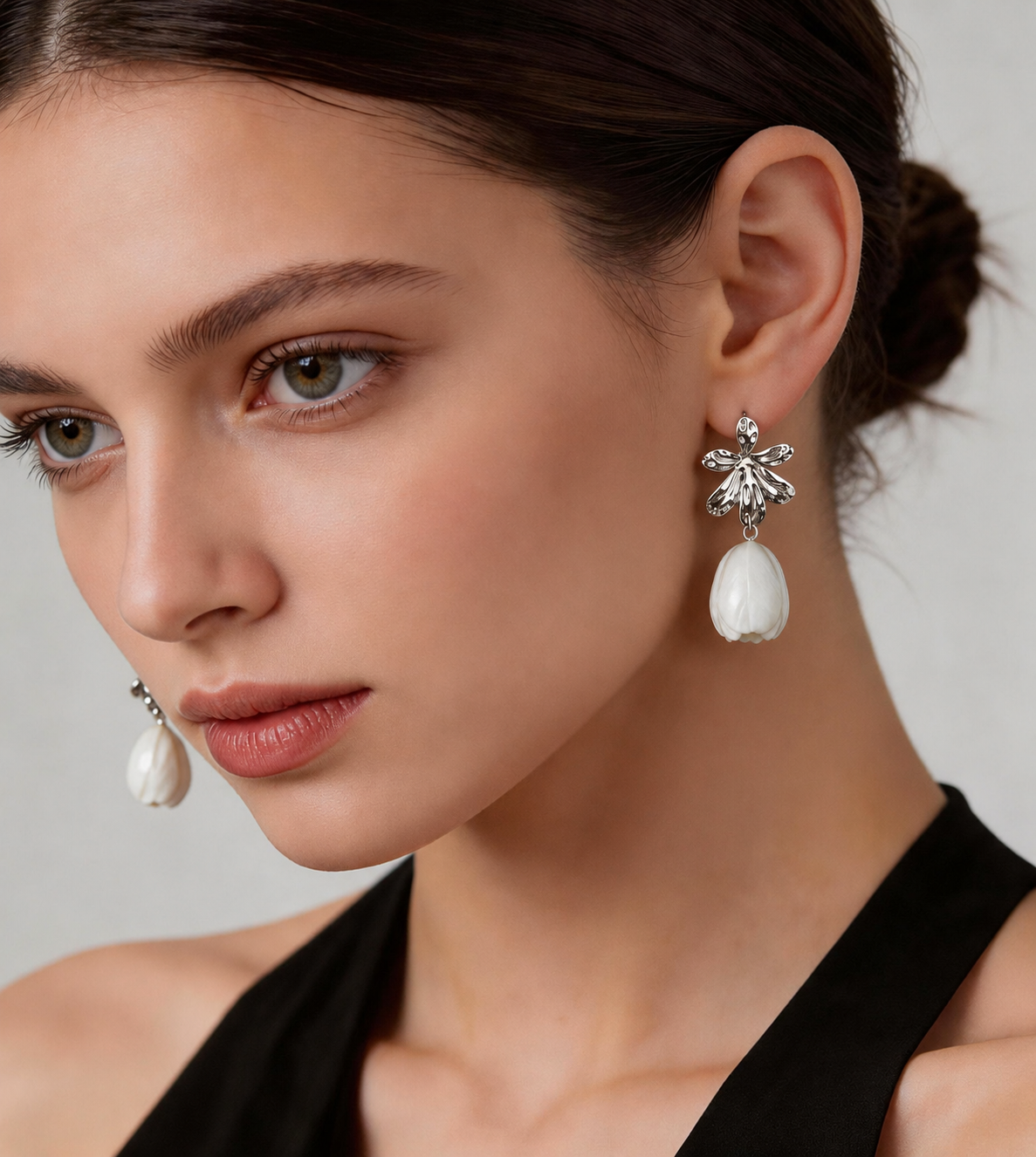 Sculpted Tulip earrings worn by model