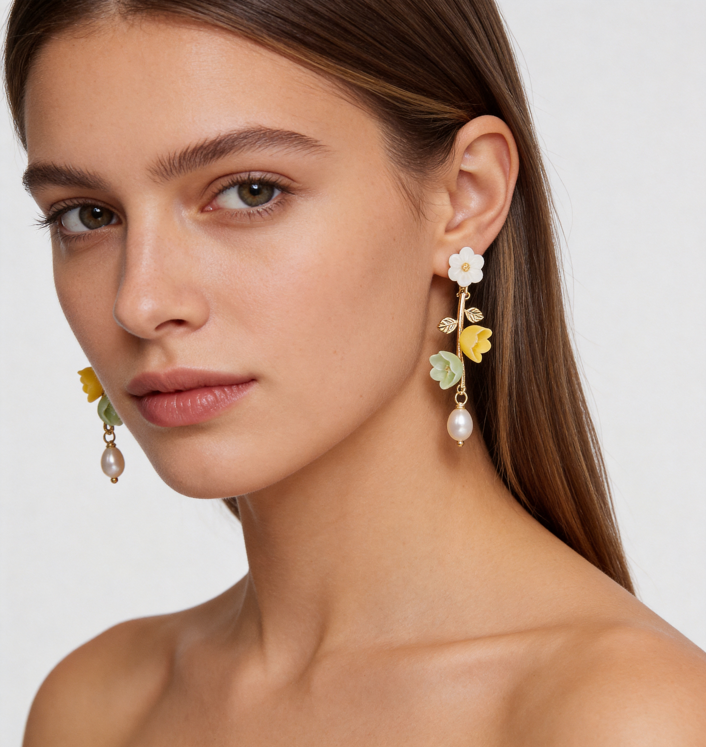 Floral Movement LIN porcelain jewelry worn by model