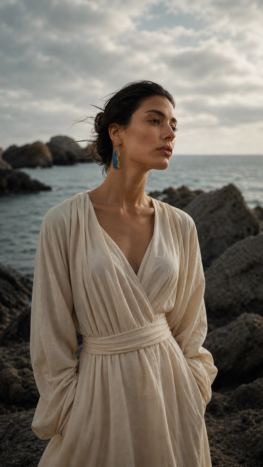 Stone Meets Sea porcelain jewelry worn by model in vertical editorial portrait