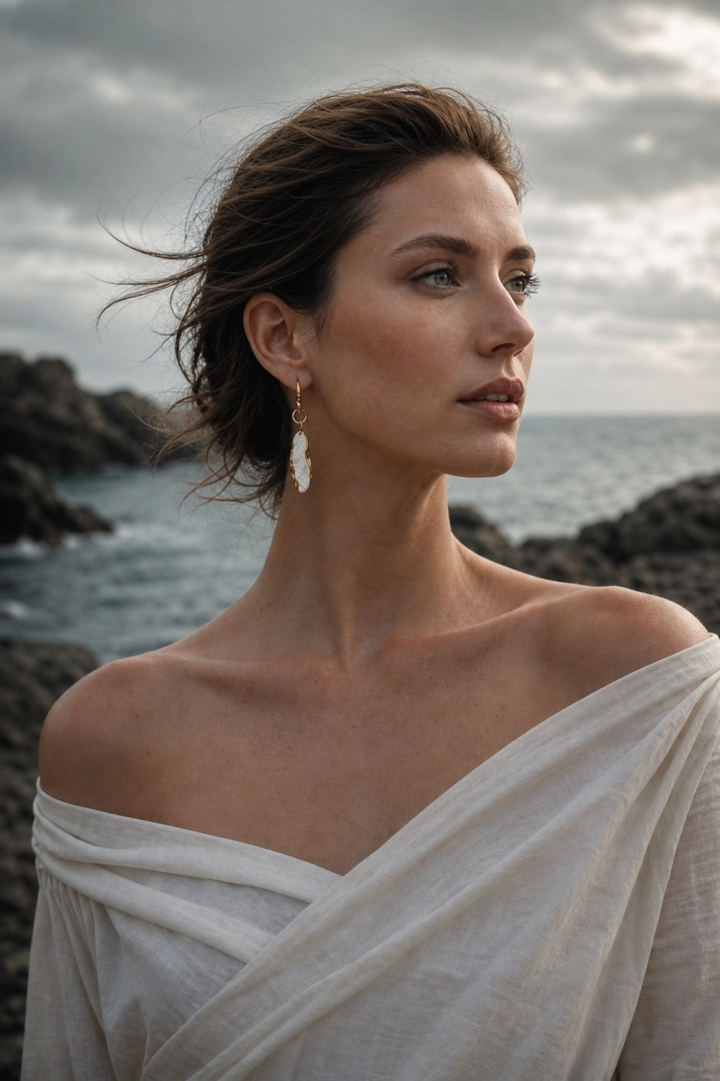Close editorial crop of Stone Meets Sea earrings worn by model